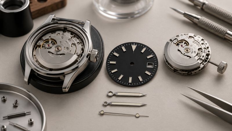 NH35 watch dial, automatic movement, watch hands, and case arranged on a watchmaker's workbench.