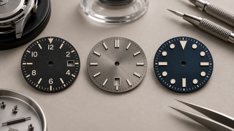 Three NH35 watch dial styles showing date windows at 3 and 6 o'clock and a clean no-date design.