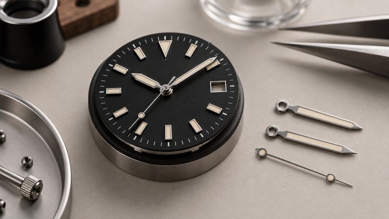Close-up of a black watch dial with installed hour, minute, and seconds hands alongside matching spare watch hands.
