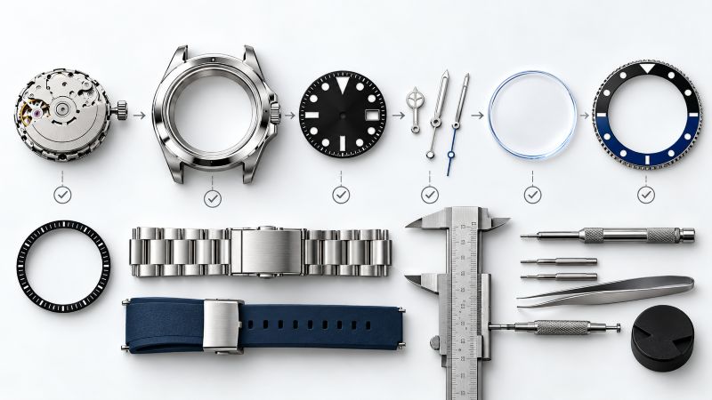 Visual checklist of Seiko mod parts, including a watch movement, case, dial, hands, crystal, bezel, bracelet, and measuring tools.