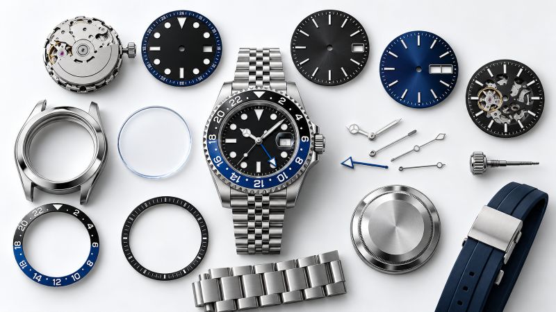 Complete custom watch surrounded by Seiko mod parts, including watch movements, dials, hands, cases, and straps