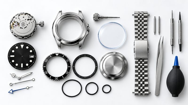Essential Seiko mod watch parts arranged on a white background, including a movement, case, dial, hands, crystal, bracelet, and assembly tools.