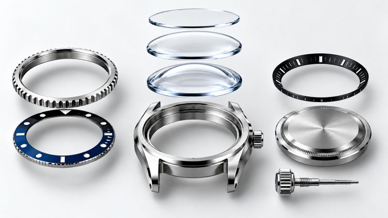 Exploded arrangement of watch crystals, bezels, bezel inserts, chapter rings, and a stainless steel watch case.