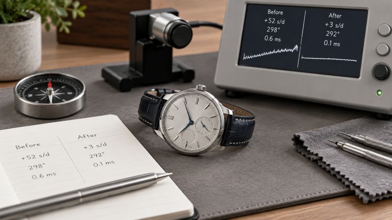 Mechanical wristwatch beside a timegrapher displaying before-and-after timing measurements