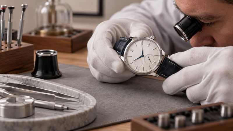Professional watchmaker examining a mechanical wristwatch through an eye loupe at a repair bench